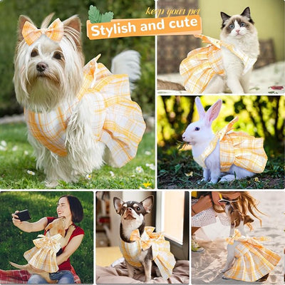 PETCARE Cute Dog Dress Clothes for Small Dogs Cats Girl Female Yellow Plaid Bow Tie Dog Harness Dresses Leash Set with Pearls Bow Accessories Birthday Puppy Dress Shih Tzu Yorkies Chihuahua Outfits