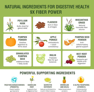 Fiber for Dogs Psyllium Husk, Beet Root, Dandelion Root, Miscanthus Grass & Prebiotics - Dog Fiber Supplement with Flax, Pumpkin, Apple - For Constipation, Diarrhea, Scooting & Anal Gland Support