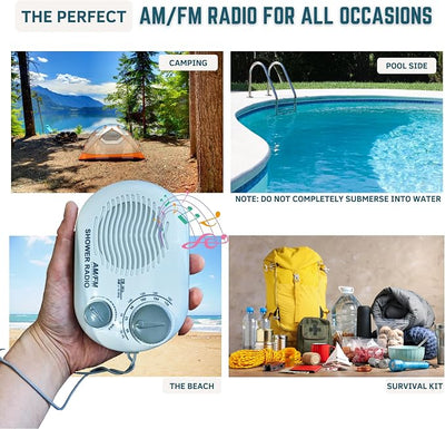 Shower Radio - Includes Carrying or Hanging Strap. Portable Design Perfect for Bathroom, Kitchen, and Outdoor. Built in Speaker, Battery Operated Radio