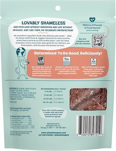 Shameless Pets Jerky Dog Treats, Salmon Loves Butternut - Healthy Dog Chews for Dogs Skin & Coat with Omega 3 & 6 - with Real Wild-Caught Salmon - Free from Grain, Corn & Soy - 1-Pack