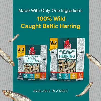 Plato Pet Treats Fish Dog Treats - Air-Dried, Single Ingredient Pet Treat - Omega 3 & 6 Fatty Acids to Support Skin and Coat - 100% Whole Fish - Wild Caught Baltic Herring - 3oz - 2 Pack