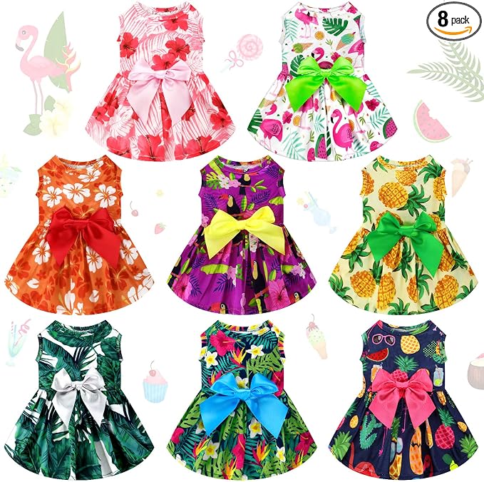 LEIFIDE 8 Pcs Summer Themed Hawaii Dog Dresses Holiday Flamingo Fruit Floral Pattern Pet Skirts Hawaii Puppy Princess Dresses Outfits Bowknot for Girl Dogs Cats Beach(XL)