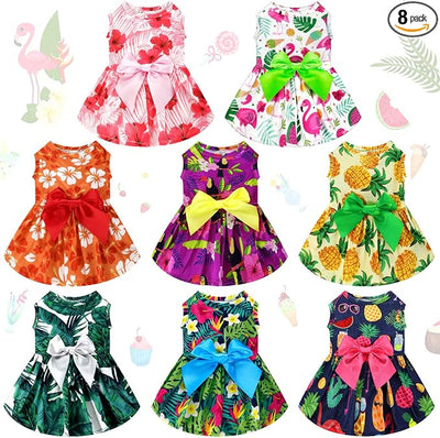 LEIFIDE 8 Pcs Summer Themed Hawaii Dog Dresses Holiday Flamingo Fruit Floral Pattern Pet Skirts Hawaii Puppy Princess Dresses Outfits Bowknot for Girl Dogs Cats Beach(XL)