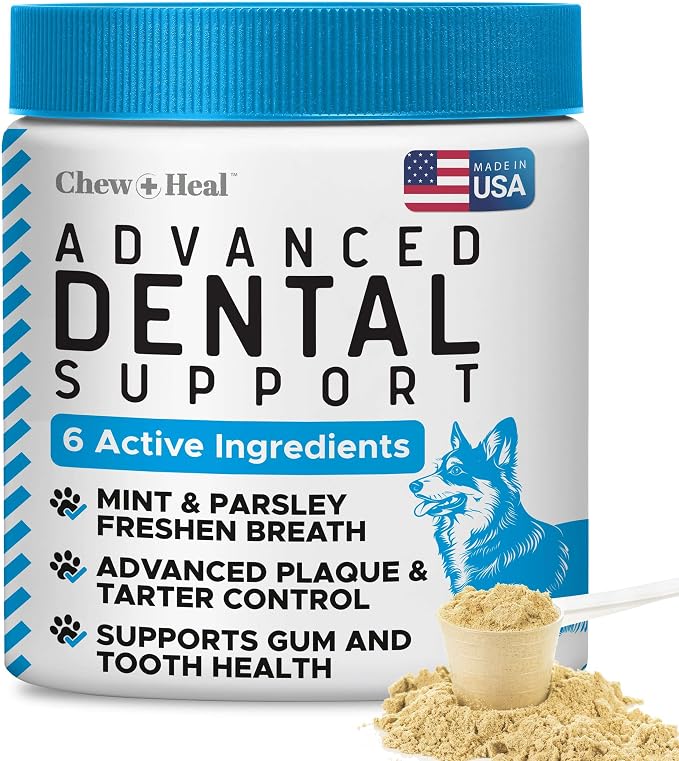 Advanced Dog Dental Powder 4oz - Teeth Cleaning, Tartar, & Plaque Remover | Aids Bad Breath, Biofilm, Gum, and Tooth Health - Made with Brown Algae, Kelp, Parsley, and Green Tea