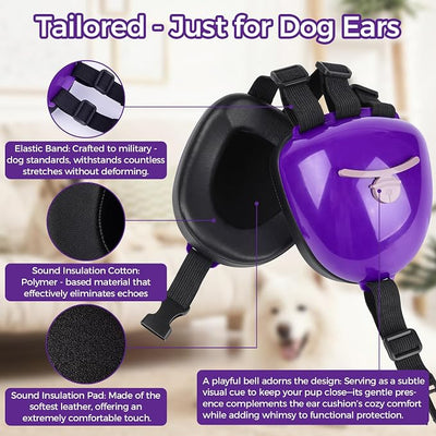 New Dog Ear Muffs for Noise Protection - 30dB NRR Dog Headphones, Noise Cancelling Hearing Protection Against Thunder/Fireworks/Vacuums, Upgraded Design with Bell Accent (Purple, Medium)