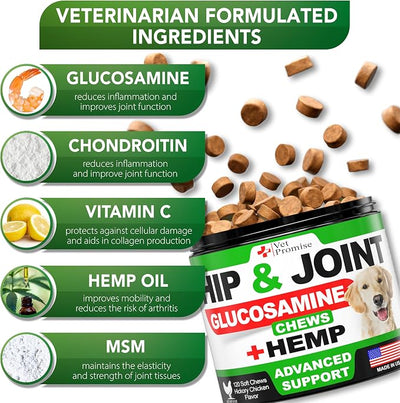 Vet Promise Hemp Hip and Joint Support Supplement for Dogs - Glucosamine for Dogs - Hemp Oil, MSM, Chondroitin - Support for Joint Pain Relief and Health - 120 Soft Chews - Made in USA
