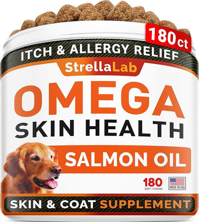 StrellaLab Omega 3 for Dogs - (180Ct) Fish Oil Treats - Allergy & Itch Relief Skin & Coat Supplement - Dry Itchy Skin, Anti Shedding & Hot Spots Treatment - Pet Salmon Oil Chews - Smoked Salmon Flavor