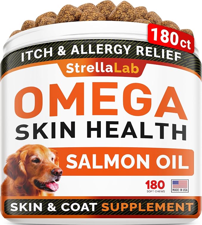 StrellaLab Omega 3 for Dogs - (180Ct) Fish Oil Treats - Allergy & Itch Relief Skin & Coat Supplement - Dry Itchy Skin, Anti Shedding & Hot Spots Treatment - Pet Salmon Oil Chews - Smoked Salmon Flavor
