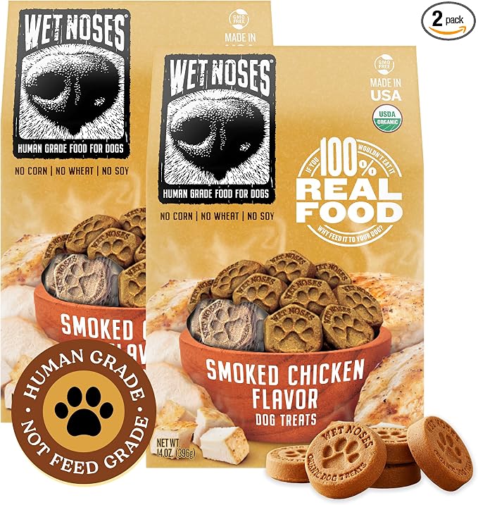 Wet Noses Organic Crunchy Dog Treats – All-Natural, Human-Grade, Non-GMO, Healthy Training & Delicious Snacks for Dogs, for All Dog Sizes & Breeds – Smoked Chicken, 14oz (2 Pack)