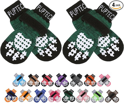 PUPTECK Anti-Slip Dog Socks with Double Sides Grips for Small Medium Large Dogs Hardwood Floors Prevents Licking, Dog Shoes for Hot Pavement Traction Control for Senior Dogs, Dark Green, L