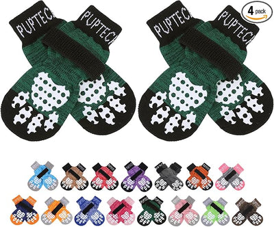 PUPTECK Anti-Slip Dog Socks with Double Sides Grips for Small Medium Large Dogs Hardwood Floors Prevents Licking, Dog Shoes for Hot Pavement Traction Control for Senior Dogs, Dark Green, M