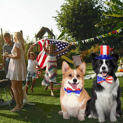 GOYOSWA 3 PCS Dog 4th of July Outfit, 4th of July Dog Clothes Uncle Sam Dog Top Hat, American Flag Dog Bow Tie Collar Red White and Blue Dog Bowtie for Small Medium Large Dogs (Dog Hat & 2xBow Tie)