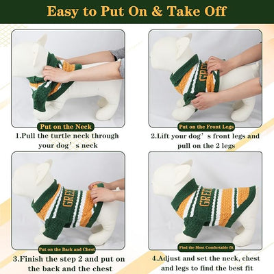 Green Bay Small Dog Sweater Football Theme Turtleneck Knit Dog Sweaters for Small Pets Warm Winter Cat Dog Clothes