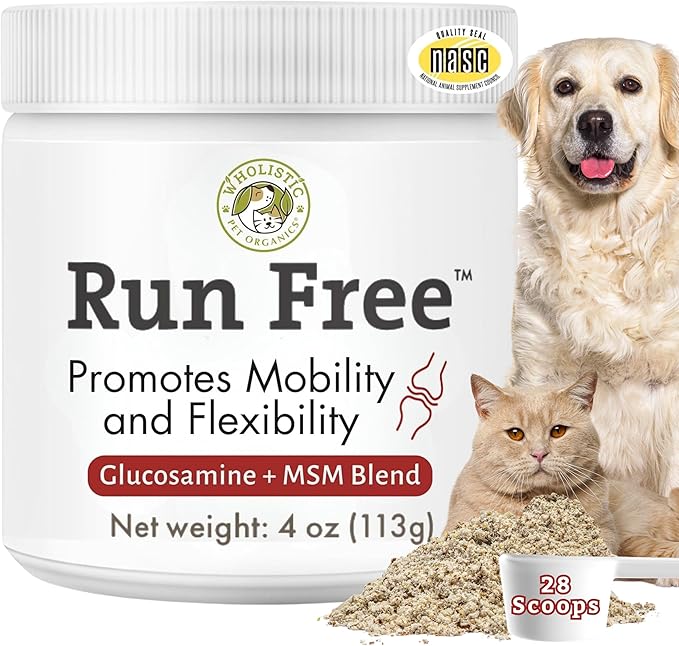 Wholistic Pet Organics Max Strength Hip and Joint Supplement for Dogs & Cats - Cat & Dog Joint Supplement Powder, Chondroitin & MSM to Support Mobility - Glucosamine for Dogs & Cats - 4 oz - 28 Scoops
