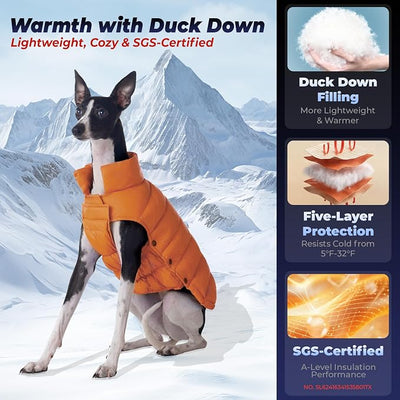 SPACE LION Dog Puffer Jacket, Down Winter Coat, Durable Outdoor Coat for Cold and Windy Conditions, Lightweight & Adjustable Fit Coats for Medium & Large Dogs, (Orange, Size 16 Gift Box)