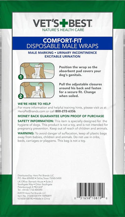 Vet’s Best Comfort Fit Disposable Male Dog Diapers - Absorbent Male Wraps with Leak Proof Fit - Large, 30 Count