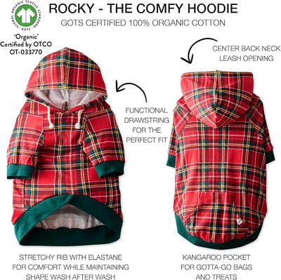 Pet Passion Rocky – The Original Lightweight Hooded Tee 100% Organic Cotton Dog Hoodie Pet Coat Sweater for All Sized Dogs, Royal Stewart Plaid, X-Large (55-80 lbs)