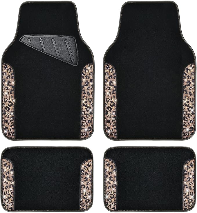 CAR PASS Bling Diamond Car Floor Mats, Shining Rhinestone Carpet Sparkly Glitter Crystal with Anti-Slip PVC Heel Pad Waterproof Universal Fit Automotive SUV,Sedan,Van,Cute Girl Women,4pcs Gold Leopard