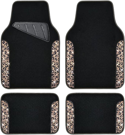 CAR PASS Bling Diamond Car Floor Mats, Shining Rhinestone Carpet Sparkly Glitter Crystal with Anti-Slip PVC Heel Pad Waterproof Universal Fit Automotive SUV,Sedan,Van,Cute Girl Women,4pcs Gold Leopard