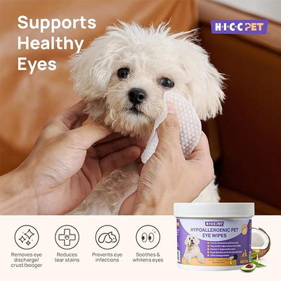 HICC PET Eyes Wipes for Dogs & Cats - Gently Remove Tear Stain, Debris, Discharge, Crust - Coconut Oil Pet Cleaning Grooming Deodorizing Wipes Wash Cleaner for Eyes, Wrinkle, Face - 100pcs