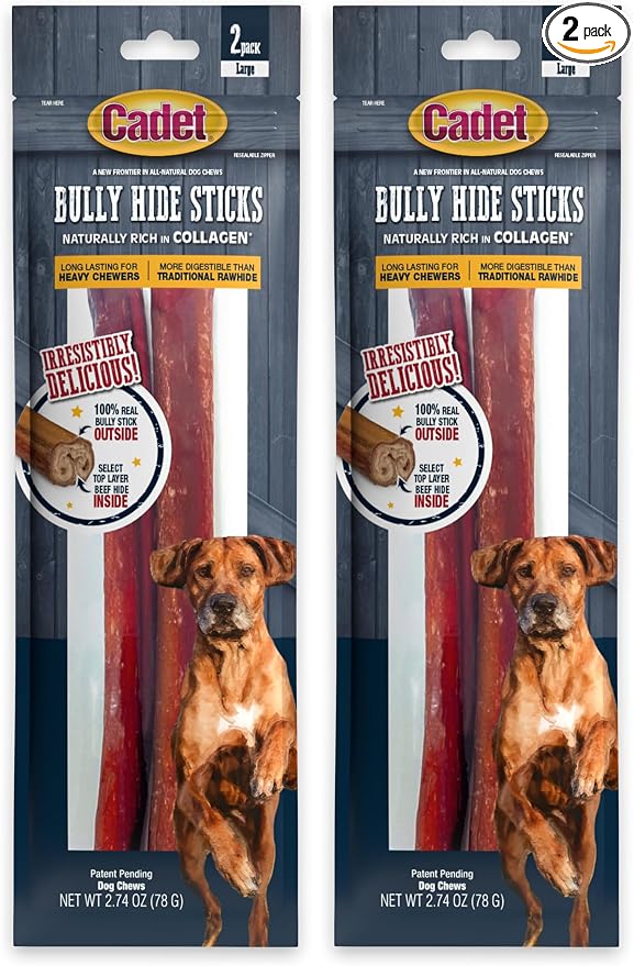Cadet Bully Hide Sticks for Large Dogs, All-Natural Beef Pizzle, Limited-Ingredient Long-Lasting Dog Chews for Aggressive Chewers, 2 Count (Pack of 2)