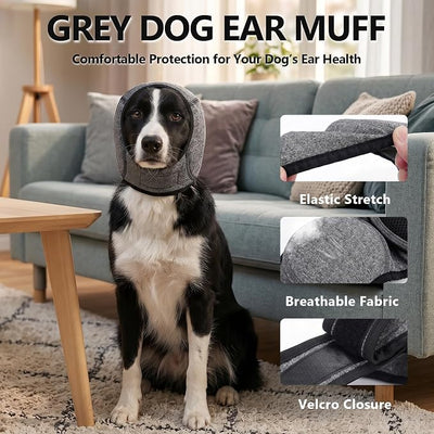 Grey Dog Ear Muffs for Noise Protection & Bath – No Shake Elastic Ear Wrap for Hematoma, Waterproof Calming Hoodie for Anxiety Relief & Blow Drying