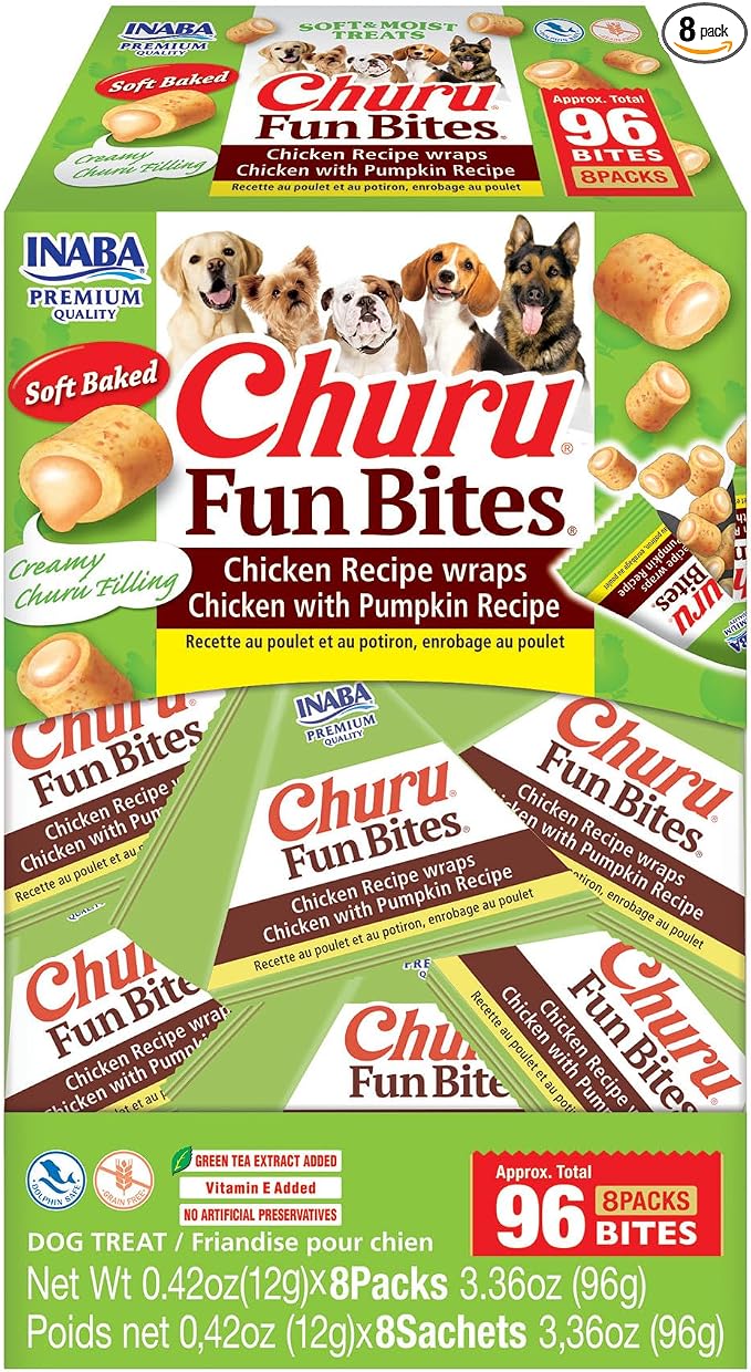 INABA Churu Fun Bites for Dogs, Soft & Chewy Dog Treats with Vitamin E, 0.42 Ounces per Tetra, 8 Tetras per Box, Chicken with Pumpkin Recipe