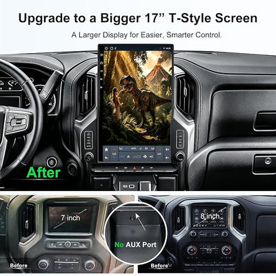 CUSP 17 Inch Android 14 Car Stereo for Chevy Silverado and GMC Sierra 2019+ | without OEM AUX port featuring head unit wireless CarPlay GPS navigation SWC Android Auto backup camera and plug-and-play
