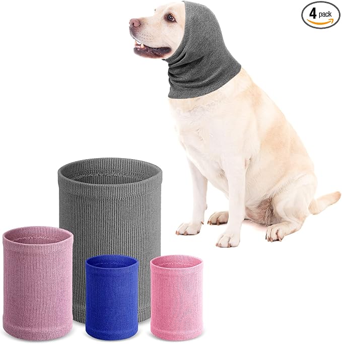 Saintrygo 4 Pcs Dog Snoods Pet Ear Wrap Cover Sound Proof Muffs for Barking and Bathing Warm Winter Scarf for Calming(Blue, Pink, Purple,S,M,L)
