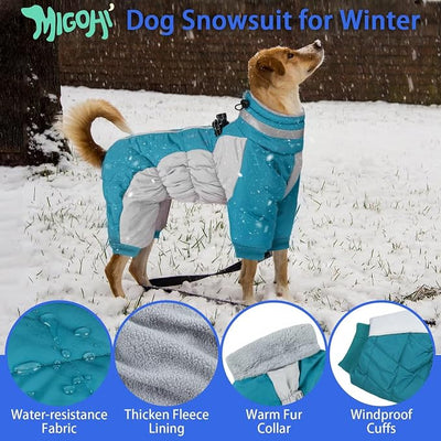 MIGOHI Full Body Dog Coat，Warm Coats for Large Dogs | Reflective Winter Coat for Dogs with Harness,Turtleneck Dog Snowsuit with Legs,Windproof Pet Fleece Puffer Jacket,XXXL,Turquoise