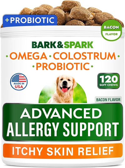 BARK&SPARK Advanced Dog Allergy Relief Soft Chews for Skin Health & Seasonal Allergies - Anti-Itch Supplement w/Omega-3, Quercetin & Bromelain Immune Treats for Dry Skin & Hot Spots - Bacon - 120ct