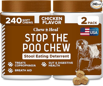 No Poo Chews for Dogs 240 Soft Chews, Chicken Flavor Chew No Poo Bites -Dog Coprophagia Treatment, Deterrent to Stop Eating Poop -Treats Bad Breath and Boosts Gut Health -Made in USA (2 Packs of 120)