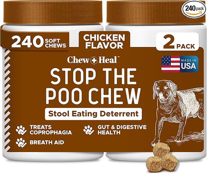 No Poo Chews for Dogs 240 Soft Chews, Chicken Flavor Chew No Poo Bites -Dog Coprophagia Treatment, Deterrent to Stop Eating Poop -Treats Bad Breath and Boosts Gut Health -Made in USA (2 Packs of 120)
