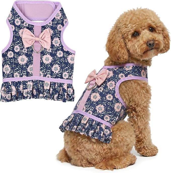 Parisian Pet Floral Dog Harness Dress - Breathable No Pull Puppy Dress with Leash Ring - 100% Mesh Fabric Harnesses for Dogs - Soft Padded Step in Pet Vest - All Weather Dog Harness for Large Dogs
