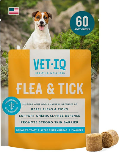 VetIQ Flea & Tick Support for Dogs, Flea and Tick Chewable, Supports Dog's Natural Flea Defenses, Free of Added Chemicals and Garlic, Hickory Smoke Flavor, 60 Count