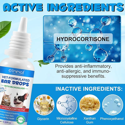 Cat & Dog Ear Infection Treatment Drops, Pets Ear Cleaning Solution Drops with 1% Hydrocortisone Soothing Dog Yeast Infection, Treats Ear Infections, Itchy Ear Relief, Cat Ear Care Supplies