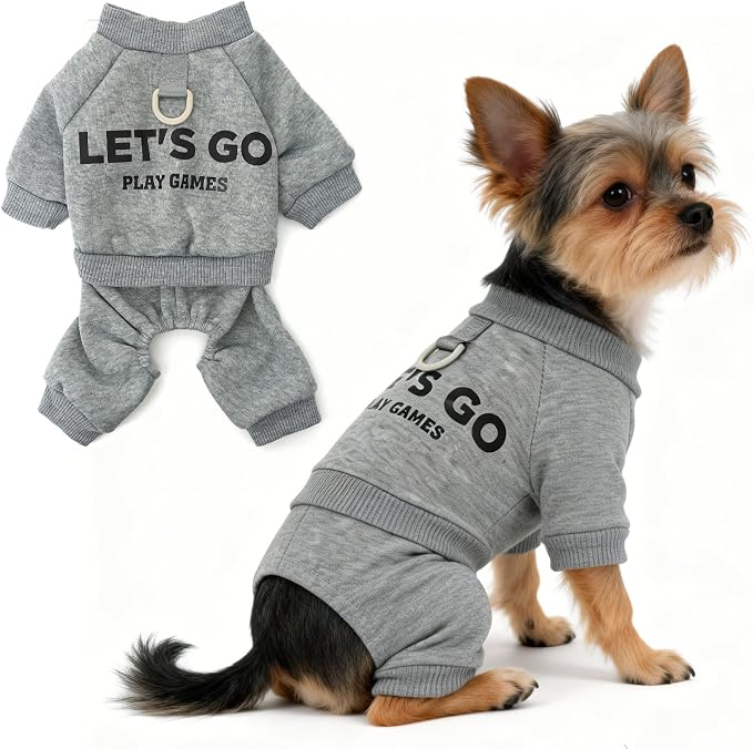 Warm Dog Winter Coat with Built-in Leash Ring, Fleece 4-Legged Sweatshirt Jumpsuit, Cute Let's Go Print Puppy Clothes for Small Dogs Boy Girl, Cold Weather Outfit