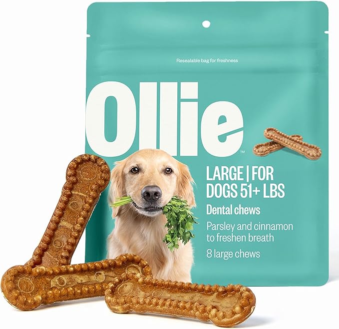 Ollie Dental Chews for Large Dogs, 4 Pack, Fresh Breath, Teeth Cleaning Treats, Sticks for Dog Oral Care, with Parsley and Cinnimon, for Pups 51 lbs and Above