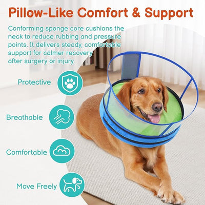 Sponge Dog Cone After Surgery, No Inflation Required Dog Donut Collar to Stop Licking, Inflatable Cone Alternatives for Large Pets, Soft Recovery Collar with Protective Shield (Green Blue, L)