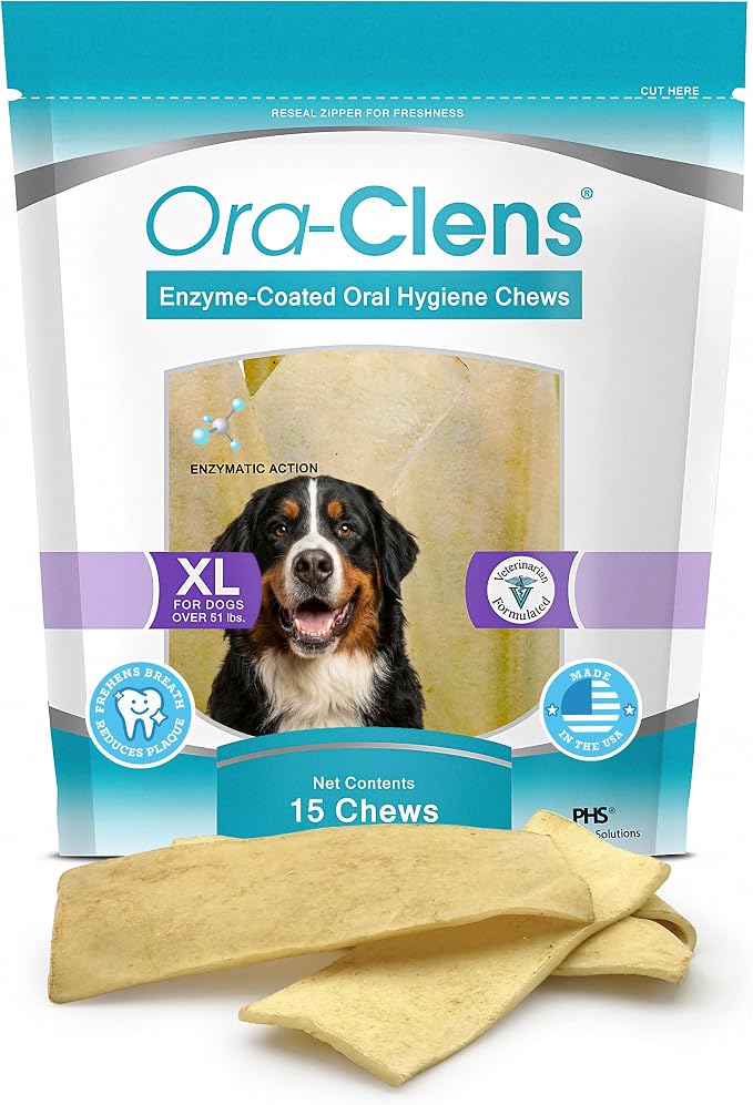 Oral Hygiene Chews for X-Large Dogs-Enzymatic Dental Treats for Daily Oral Care, Cleans Teeth and Freshens Breath, Reduces Plaque, Bacteria and Tartar Build Up Without Brushing-15 Chews