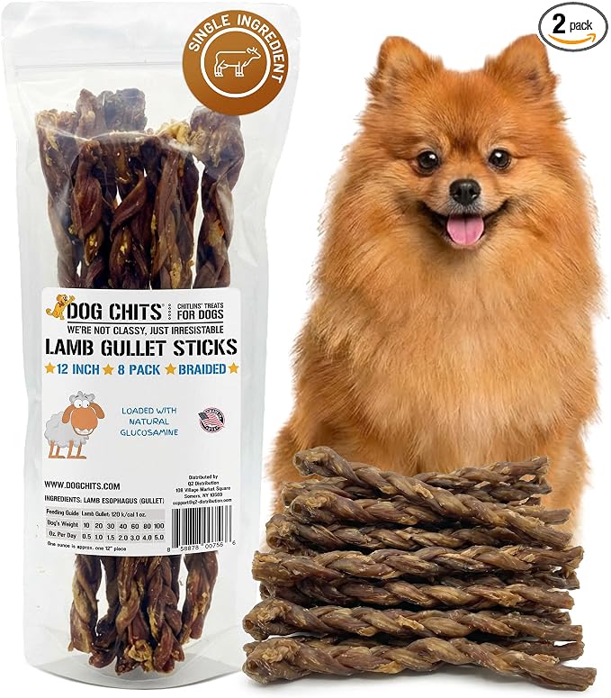 Dog Chits Lamb Esophagus Chews for Dogs & Puppies - Natural Single Ingredient - High Protein, Low Fat Lamb Dog Treats - Long Lasting, Easy to Digest - Great for Joint, Dental Clean Crunch - 12in, 8pk