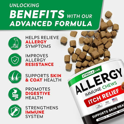 STRELLALAB Dog Allergy Relief & Anti Itch Support Chews w/Omega 3: Real Ingredients, Real Taste! Skin & Coat Immune Supplement w/Fish Oil, Pumpkin & Enzymes — BBQ Chicken - 180Ct