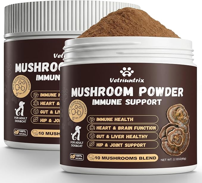 Turkey Tail Mushroom for Dogs, Organic 10 Mushroom Blend for Lipoma Lumps and Bumps, Dog & Cat Mushroom Supplements with 50% Beta Glucan, Joint Gut Immune Skin Support - 120g