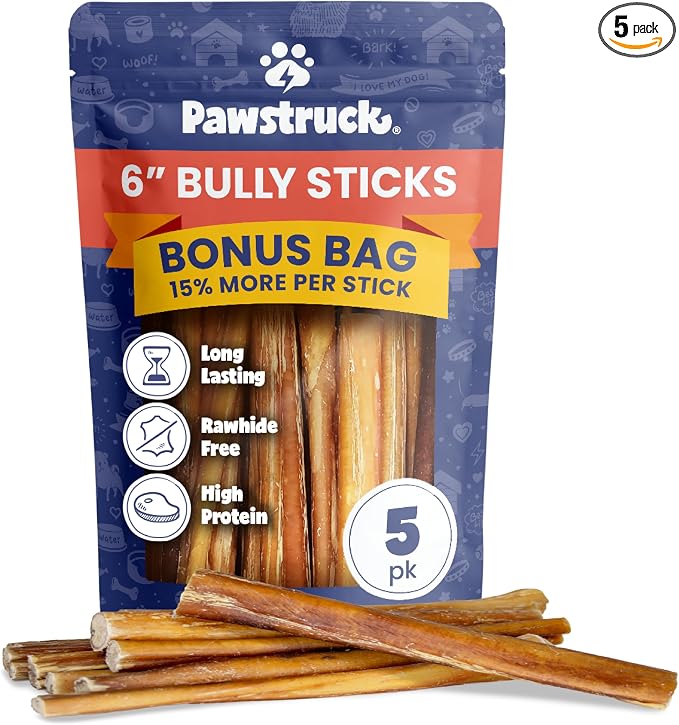 Pawstruck Bully Sticks for Dogs 6" Long Lasting Rawhide Free Dental Chews Single Ingredient 100% Real Beef Pizzle Dog Treats 5-Pack Bonus Bag Low Odor Premium Quality | Long Lasting, Rawhide Free Dental Chews, Single Ingredient 100% Real Beef Pizzle, L...