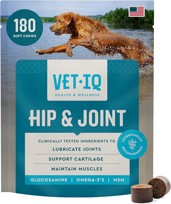 VetIQ Glucosamine Hip & Joint Supplement for Dogs, 180 Soft Chews, Joint Support Supplement with MSM and Krill, Dog Health Supplies Large & Small Breed, Chicken Flavored Chewables
