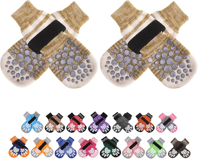 PUPTECK Anti-Slip Dog Socks with Double Sides for Small Medium Large Dogs Hardwood Floors Prevents Licking, Dog Shoes for Hot Pavement Traction Control Paw Protector for Senior Dogs, Striped Khaki M