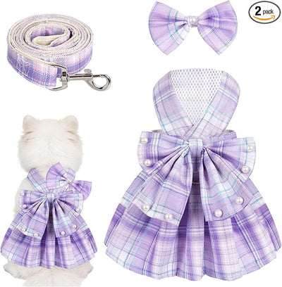 Dog Plaid Dress Harness and Leash Set with Pearls Bow Adjustable Puppy Dress Mesh Vest Bow Knot Pet Clothes for Cute Small Girl Dog Cat (Purple&White, X-Large)