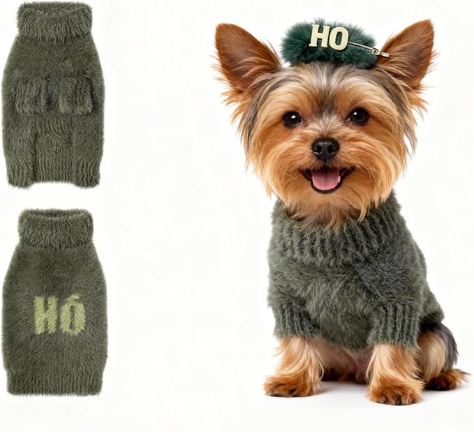 Small Dog Furry Pullover Sweater, Classic Turtleneck Dog Clothes for Cold Weather Cute Warm Pet Clothes for Chihuahua, Bulldog, Dachshund, Pug Green Small