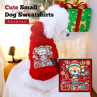 ABRRLO Small Dog Hoodie Clothes Red Christmas Dog Outfit Warm Fleece Dogs Sweater for Small Dogs Cat Boy Girl Cute Puppy Sweatshirt with Leash Hole Xmas Doggy Costume Chihuahua Yorkie(Xmas Deer,L)