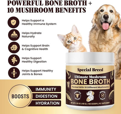 Beef Bone Broth for Dogs - High Protein Powder with Ten Organic Mushrooms & Collagen - Immune, Joint, Digestion & Cognitive Support - Tasty Dog Food Topper - Natural Hydration Booster